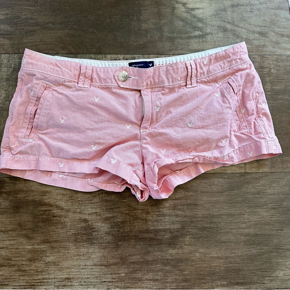 American Eagle outfitters red and white pinstripe eagle embroidered shorts
